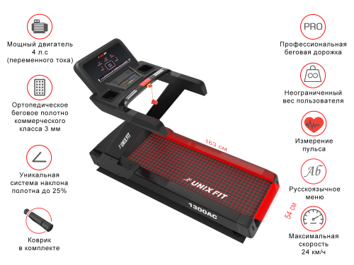 Профессиональная Беговая дорожка UNIXFIT 1300 AC фото 4 Профессиональная Беговая дорожка UNIXFIT 1300 AC фото 4